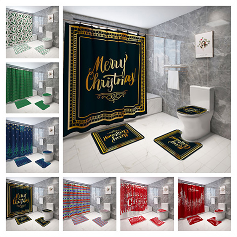 

New Christmas Printed Bath Shower Curtains Carpet Toilet Seat Cover Mat Non-slip Mat 4PCS Set Home Bathroom Decoration Curtain