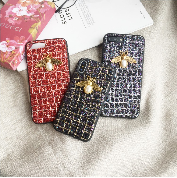 

For iphone 11 Lovely cute pearl bee glittering sequins case Fashion luxury designer case for iphone pro max x xr xs max 6 7 8 plus, Red