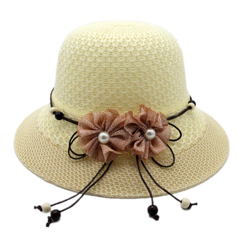 

Summer Ventilation Handmade flower strawhat women's Garland sunbonnet bucket hat hem beach cap sun hat for women AD567, White