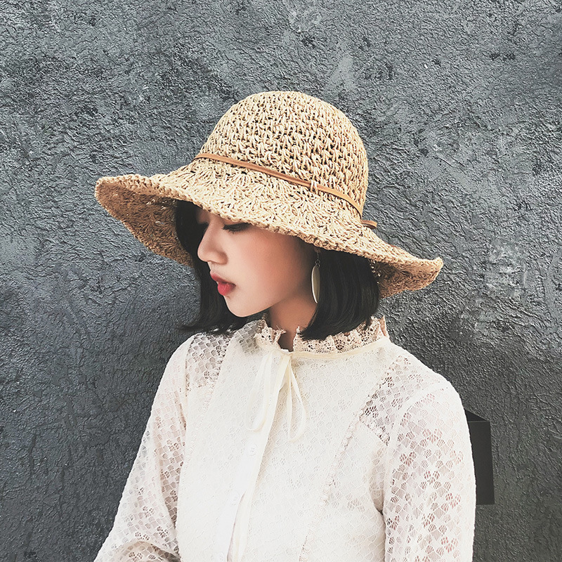 

2020 Women Straw Sun Hat Summer Sweet Retro Straw Hats Girls Beach Hollow Panama Hats Chapeu Feminino Vacation Sun Visor, Coffee color