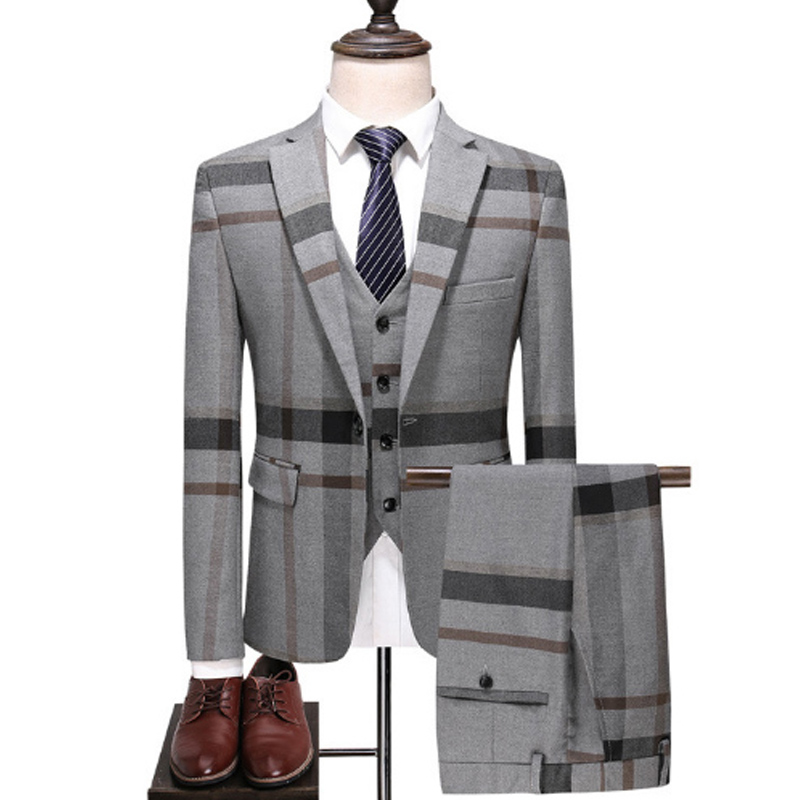 

3 Pieces 2020 Suits Men British New Style Designs Royal Blue Mens Suit Autumn Winter Thick Slim Fit Plaid Wedding Dress Tuxedos, Blazer jacket vest