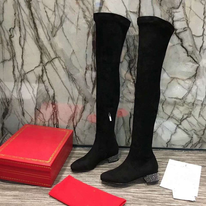 

Woman Long Boots Zip Crystal Low Heel Genuine Leather Ladies Shoes Luxury Designer 2020 New Autumn Winter Zapatos De Mujer, As picture