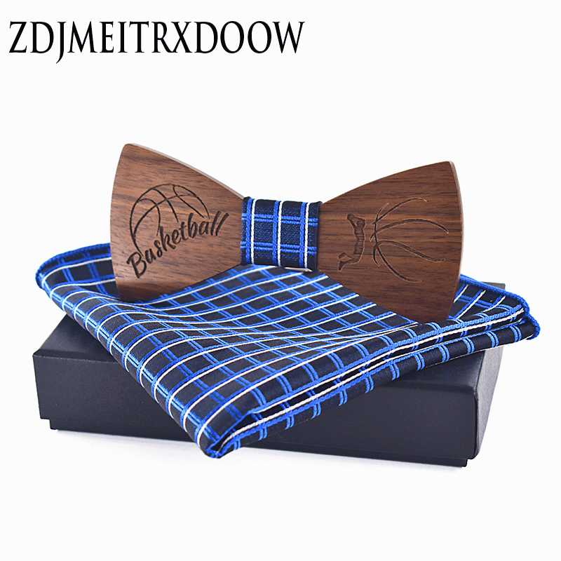 

New Design High Quality Laser Wooden Jacquard Ties for Men Popular Fashion Basketball Bowtie Pocket square Set