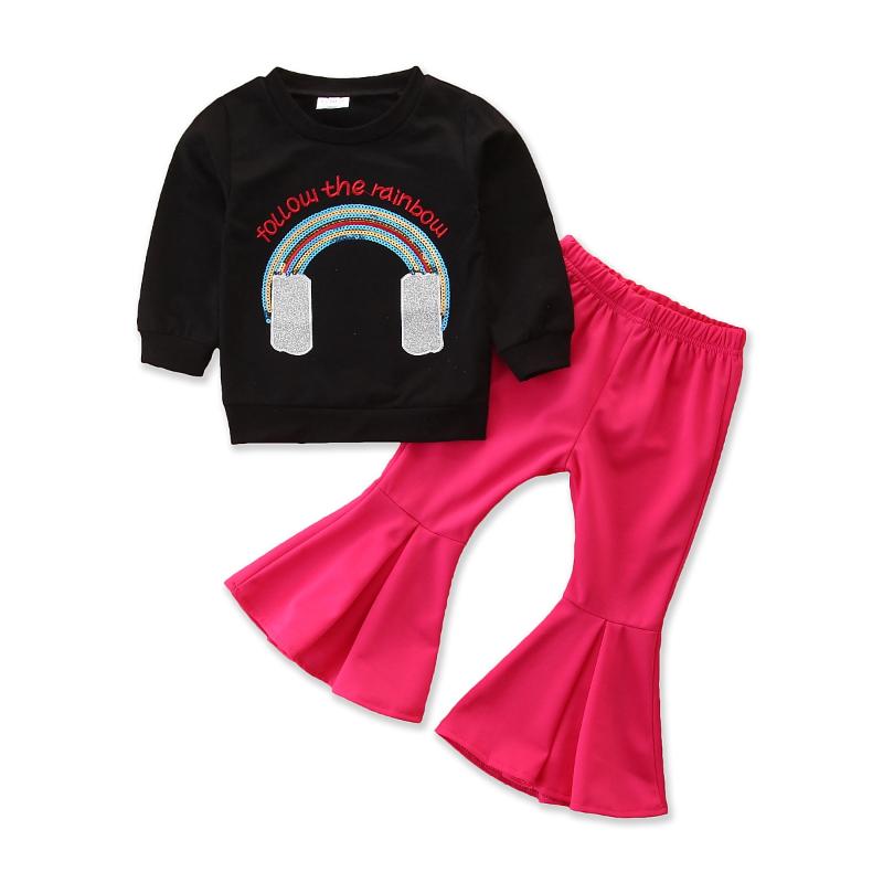 

Toddler Kid Baby Girls Clothes Sets Letter Print Long Sleeve Pullover Rainbow Sweatshirt Tops Flare Pants Cotton Clothing 1-6Y, Black