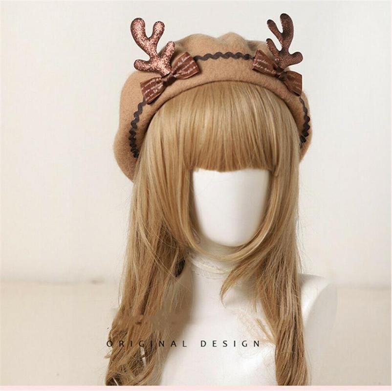 

Lolita Girls Cute Deer Antlers Style Beret Women Warm Soft Beanie Hat, Red