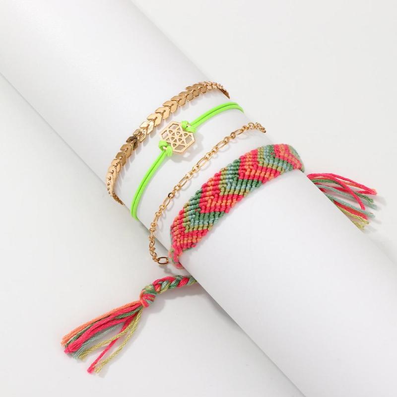 

Fishion 4Pcs/Set Bohemian Women Hollow Hexagonal Charm Arrow Chain Handwoven Bracelet