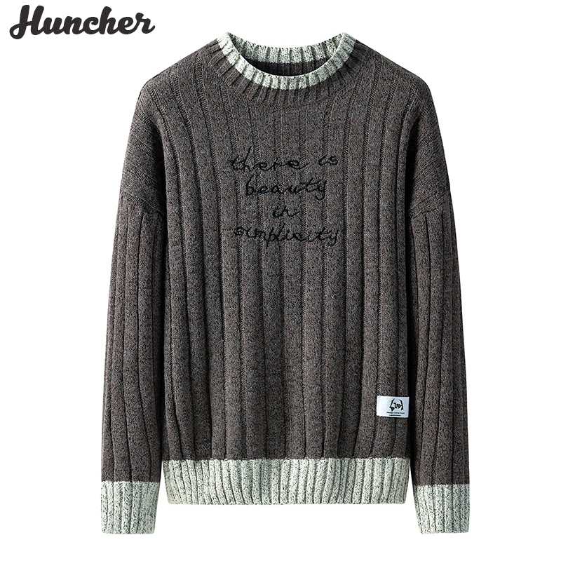 

Huncher Mens Knitted Sweater Men 2020 Autumn Oversized Knit Pullover Korean Fashion Patchwork Casual Jumpers Sweaters For Men, Creamy-white sweater