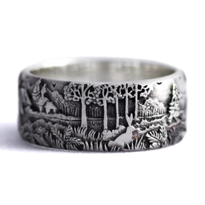

Vintage Silver color Women Cute Forest Random Pattern Ring Wedding Jewelry Gift Size 6-10