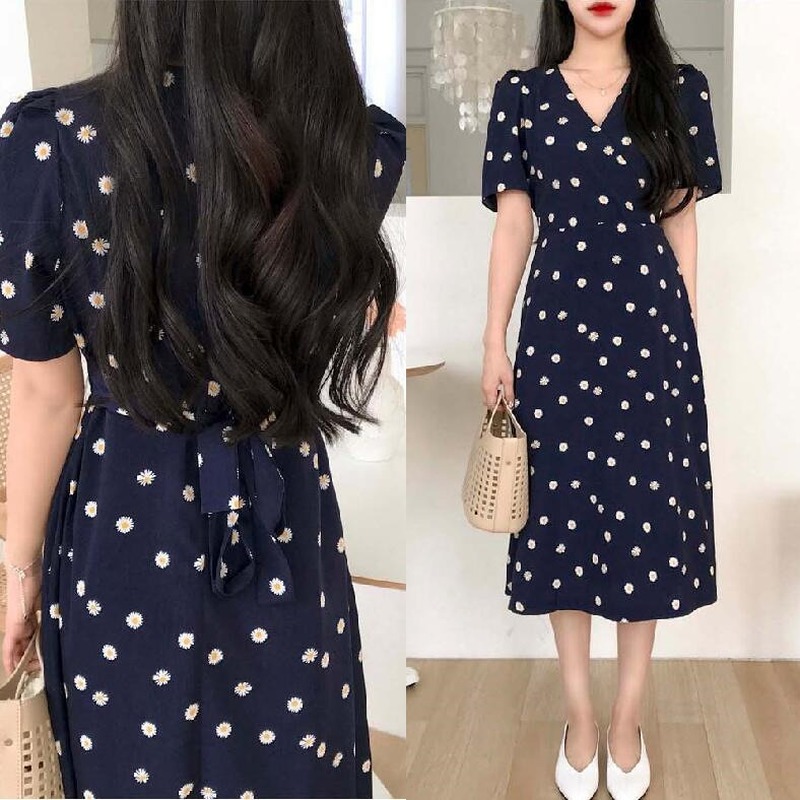 

Summer 2020 New Women Mid-length Print Lace Up Dress Small Daisy Dress Elegant, Blue