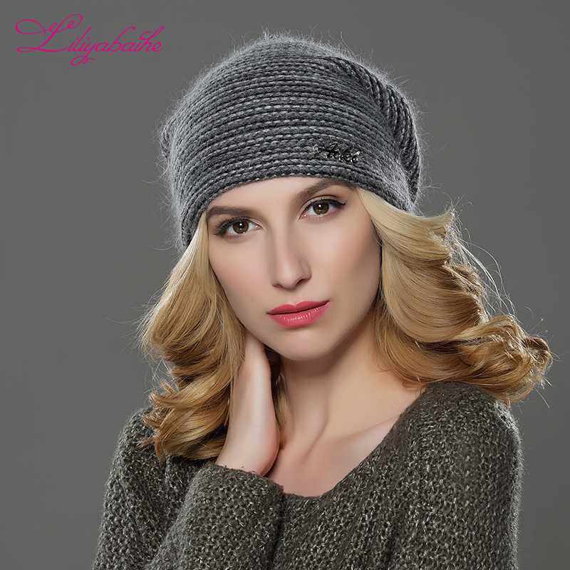 

LILIYABAIHE NEW Style Women Beanies winter hat knitted wool angora Striped hats Exquisite letter decoration cap Double warm hat, C08