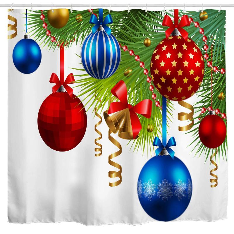 

Christmas Ball Shower Curtain Fabric, Colorful Ornaments on Pine Tree Twig Print Bath Art Curtain, Xmas Polyester Bath Shower