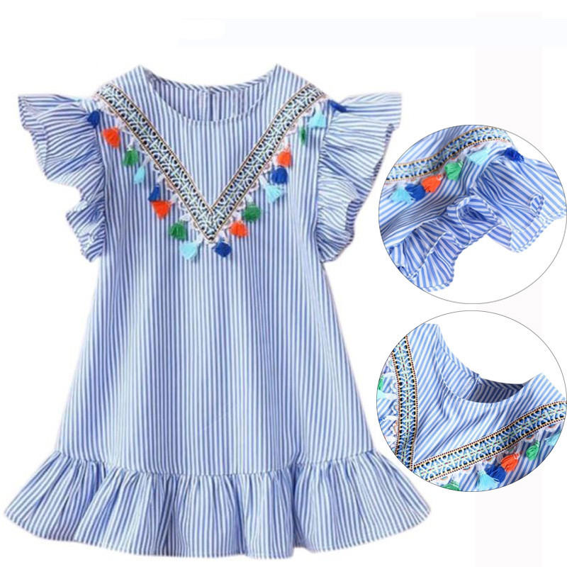 

2019 Tassel dress girls Flying Sleeve Kids Dresses for Summer Girls christmas dress, Style 2 blue