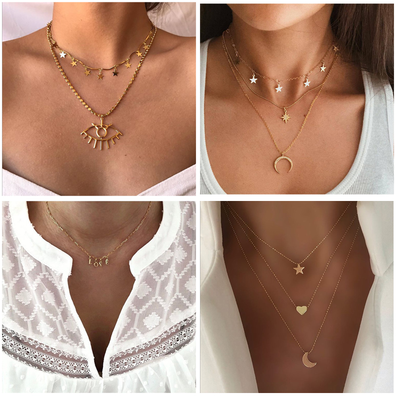 

New bohemian Multilayer Stars moon Women Pendants Necklace 2020 Fashion Vintage heart Charm Gold Choker Party Necklace Jewelry