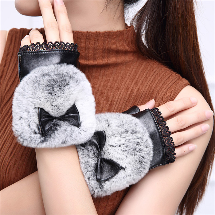 

Warm Winter Gloves Real Genuine Leather Sheepskin Women Gloves Black Bowknot Fur Lady Fingerless Mitten
