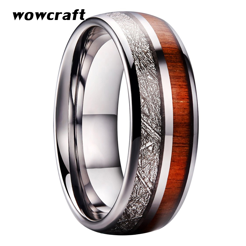 

8mm Wedding Bands Tungsten Carbide Rings for Men Women Meteorite Koa Wood Inlay Polished Shiny Domed Band Comfort Fit