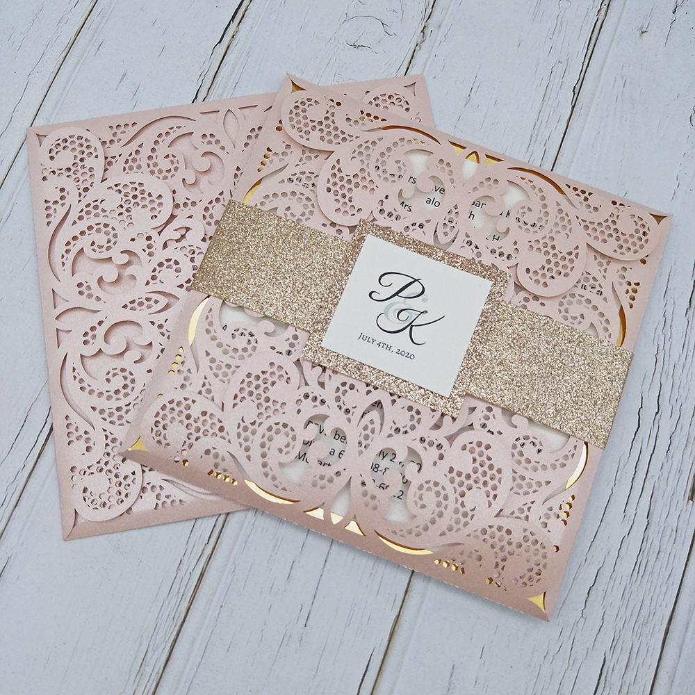 

New Blush Pink Personalized Print Laser Cut Wedding Party Cards with Glitter Belly Band And Tag DIY Gold Mirror Insert Bridal Shower Invites, Ivory