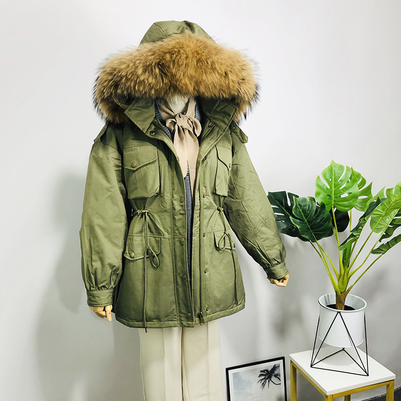 

Large Natural Raccoon Fur Women Down Coat Winter Thick 90% White Duck Down Parka Female Hooded Short Jacket Loose Outerwear, Grey fur hooded