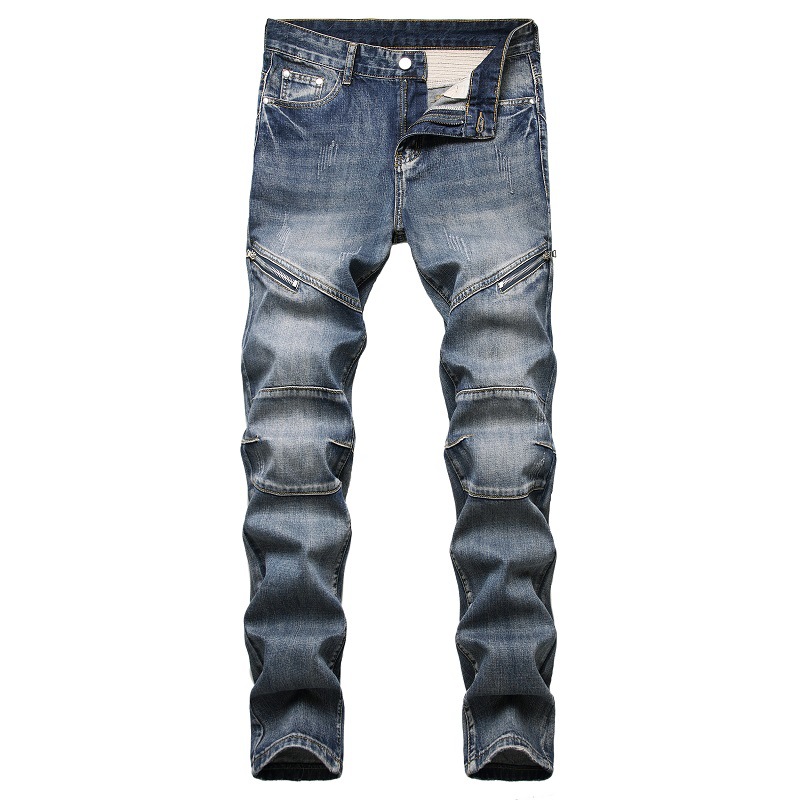 

2021 Men's Autumn New Stitching Jeans Youth Cool Nostalgic Zipper Decorations Jeans, Blue
