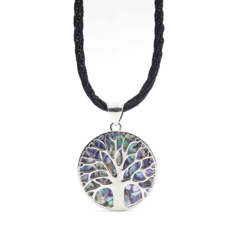

Silver Plated Abalone Shell Round Pendant Black Rope Chain Necklace Tree of Life and Sun Jewelry