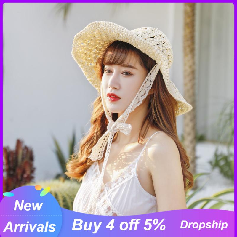 

Spring Summer 2020 New Big Straw Hat Female Sun Cap Handmade Hat Beach Folding Mesh Travel Leisure Dome Cool Hats