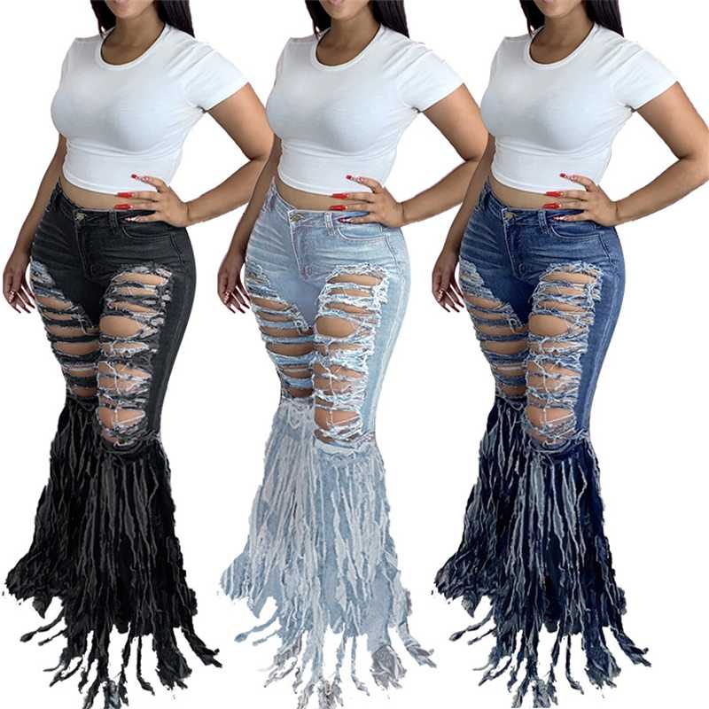 

Summer Woman Sexy Pant Wash Hole Tassel Ripped Jean Streetwear Dropshipping Wholesale High Waisted Jeans Women Flare Jeans, Black