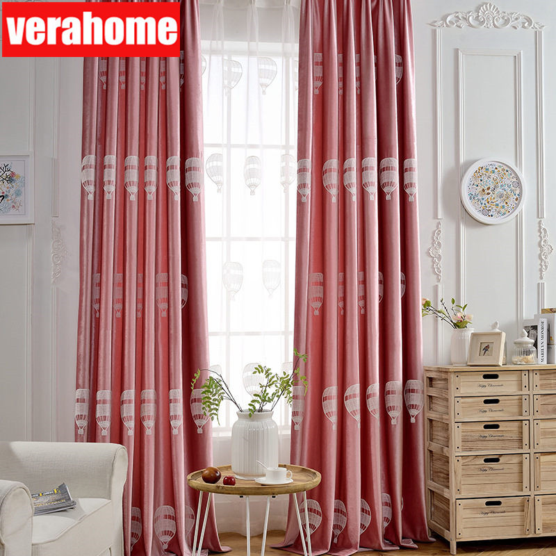 

Europe pink thick elegant velvet embroidered hot air balloon curtains for kids living room bedroom windows Drapes Blinds, White tulle