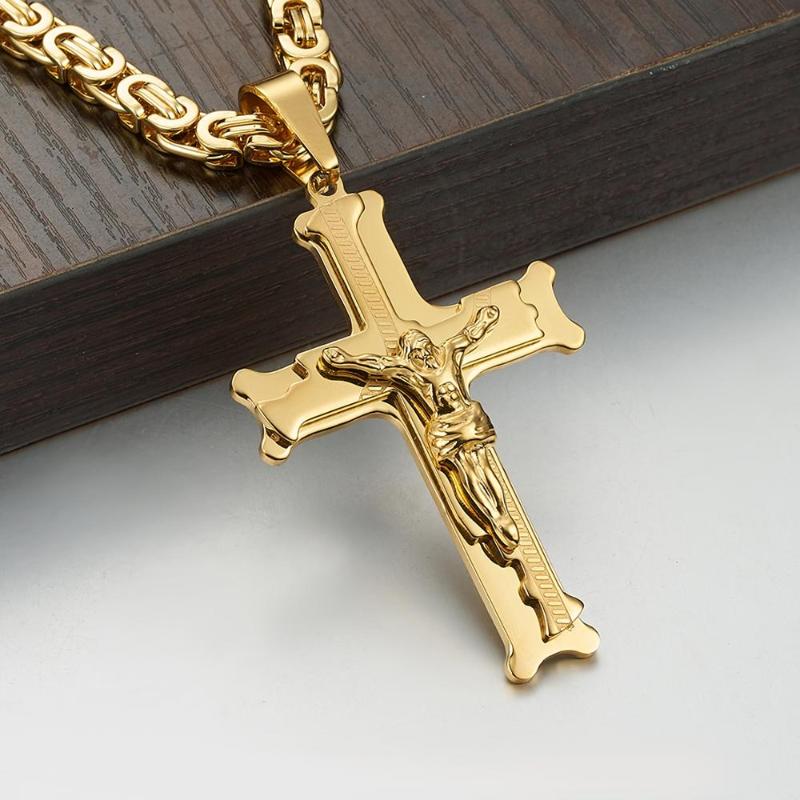 

Granny Chic Gold Color Stainless Steel Jesus Cross Pendant Necklace 6mm Link Byzantine Chain Heavy Men Jewelry Collares