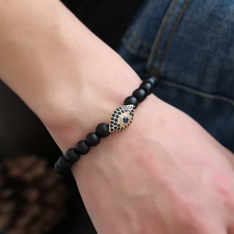 

2020 Charm Copper Micro Inset Zircon Eyes Shape Fashion Elastic Bangle Black Pumice Stone Buddha Beads Bracelet for Women Men