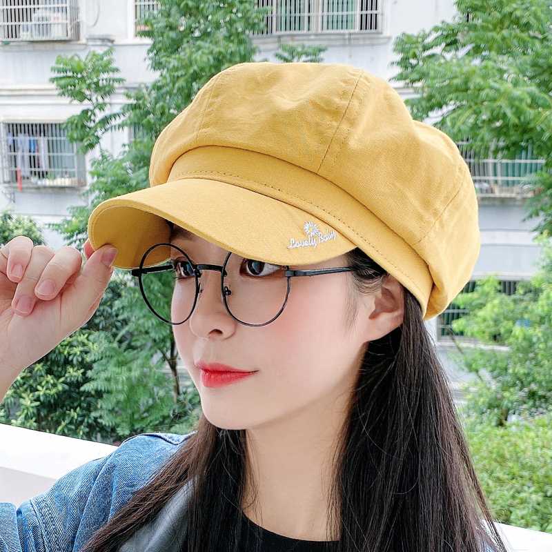 

Autumn Winter All-match Painter hat Ladies Hats For Women Cotton Berets Caps Letter Embroidery Retro Flat Casual Octagonal Cap, Yellow