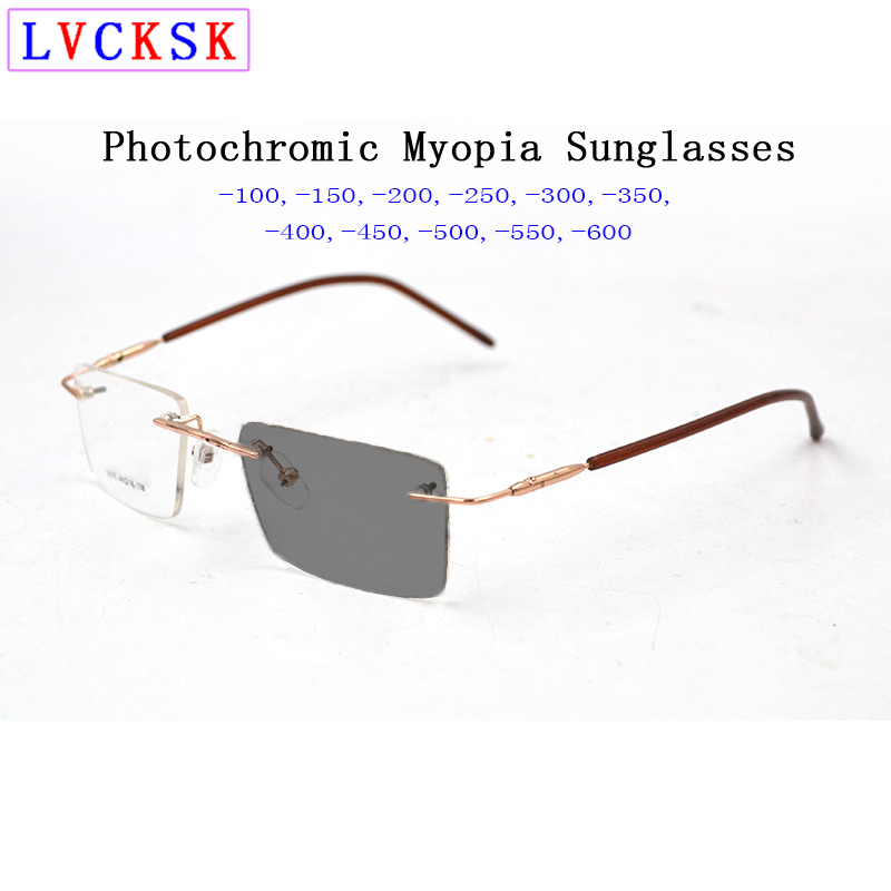 

Photochromic Myopia Sunglasses Rimless Square Women Men Nearsighted Shortsighted Spectacles -1.0~-6.0 Can Custom Prescription N5