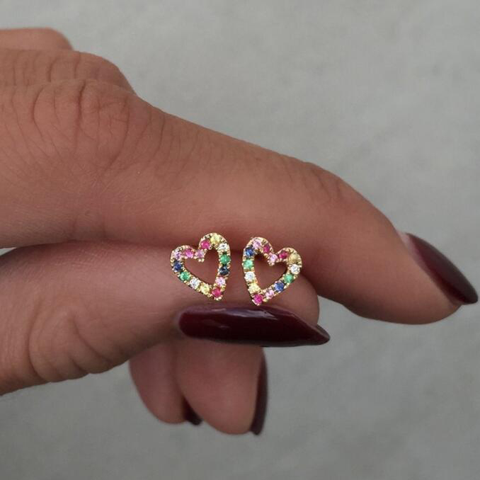

925 sterling silver colorful cz paved hollow heart stud earring for girl lover gift fine silver jewelry