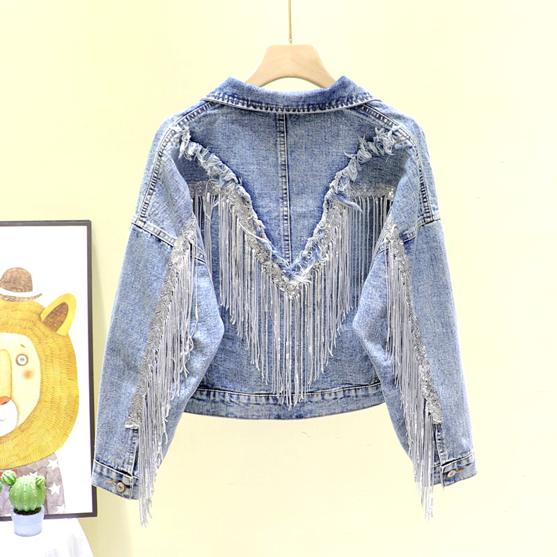 

Spring Women's Short Harajuku Washed Back Tassels Sequins Burr Hole Denim jacket Fall Plus size Vintage Jeans jacket Streetwear, Black