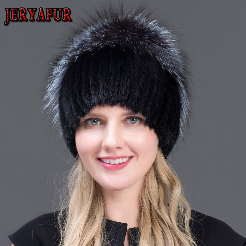 

JERYAFUR Women Winter Hat Knitted Real Mink Silver Fur Caps Female Russian Warm Beanies Best Women Fur Hat, Color1