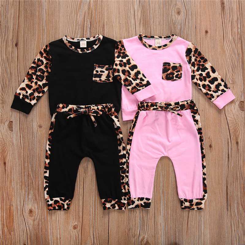 

0-24M Autumn Infant Baby Boy Girl Leopard Clothes Sets Long Sleeve Pullover T-shirt Tops Long Pant Trouser 2PCS sets, Black