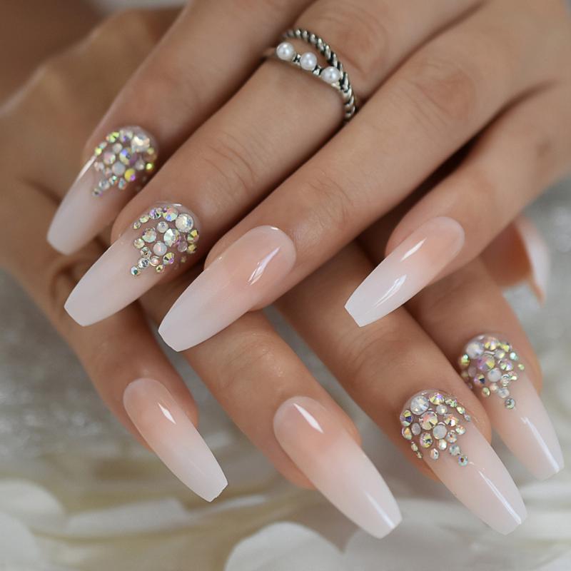 

Luxury Coffin Nails with AB Rhinestones Ombre French Nail with Stones Long False Nails Natural Color Designed, L5168