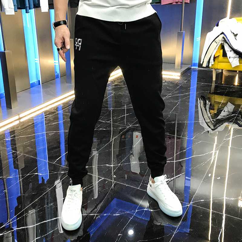 

Fall 2020 men's casual pants fashionable and simple pure color embroidered versatile pants corset with waist lace up elastic, Black