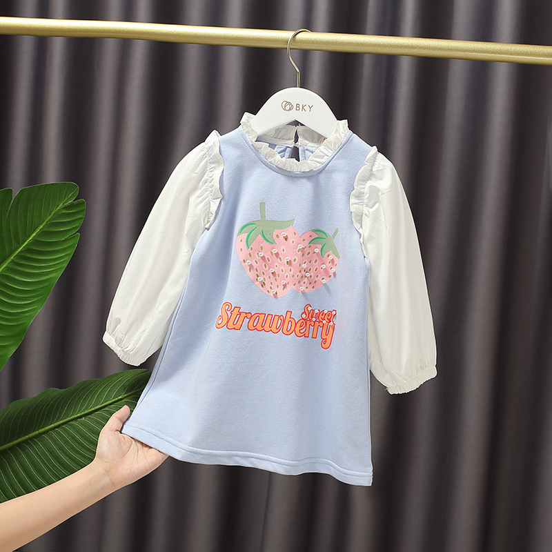 

2020 Autumn Children Kids Long Sleeve Strawberry Letter Print Cotton Baby Girls Casual Hoodies Straight Dress vestidos infantis, Blue