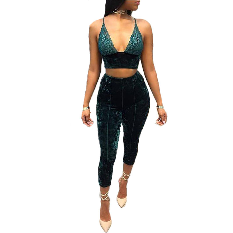 

KGFIGU Autumn New Style Velvet Two Piece Set Women Lace V Neck Top and Pants Two Piece Outfits Womens Clothing Matching Sets, Green