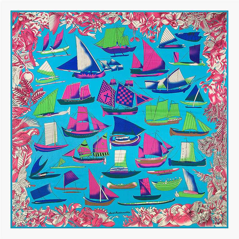 

POBING 100% Silk Scarf Women Large Shawls Sailboat Print Stoles Square Scarves Bandana Big Kerchief Scarf Female Foulards 130CM