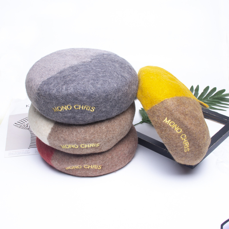 

Winter beret hat ladies embroidery beanie hat wool warm letter painter cap British octagonal wholesale