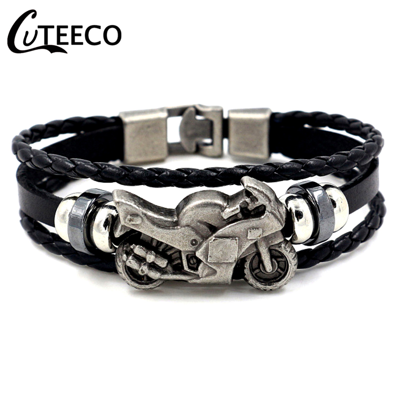 

CUTEECO Fashion Vintage Mens Leather Bracelet Motorcycle Charm Multilayer Braided Pulseira Masculina Punk Jewelry Gifts