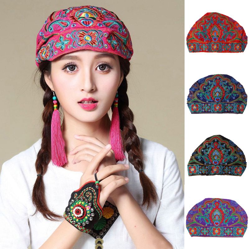 

Ethnic Mexican Style Women Elastic Turban Cap Vintage Colorful Paisley Floral Embroidered Bandana Beanie Skull Hat, Red