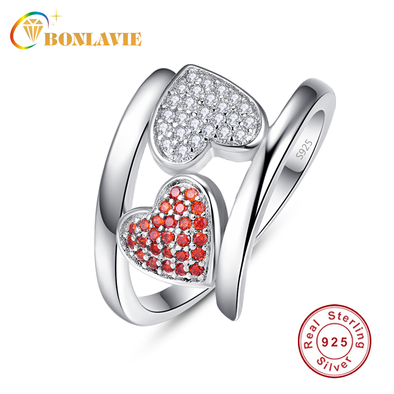 

BONLAVIE Silver Ring 925 Jewelry 1x1mm Pave Setting White CZ Red Stone Double Heart Wedding Rings for Women Crystal bijoux femme