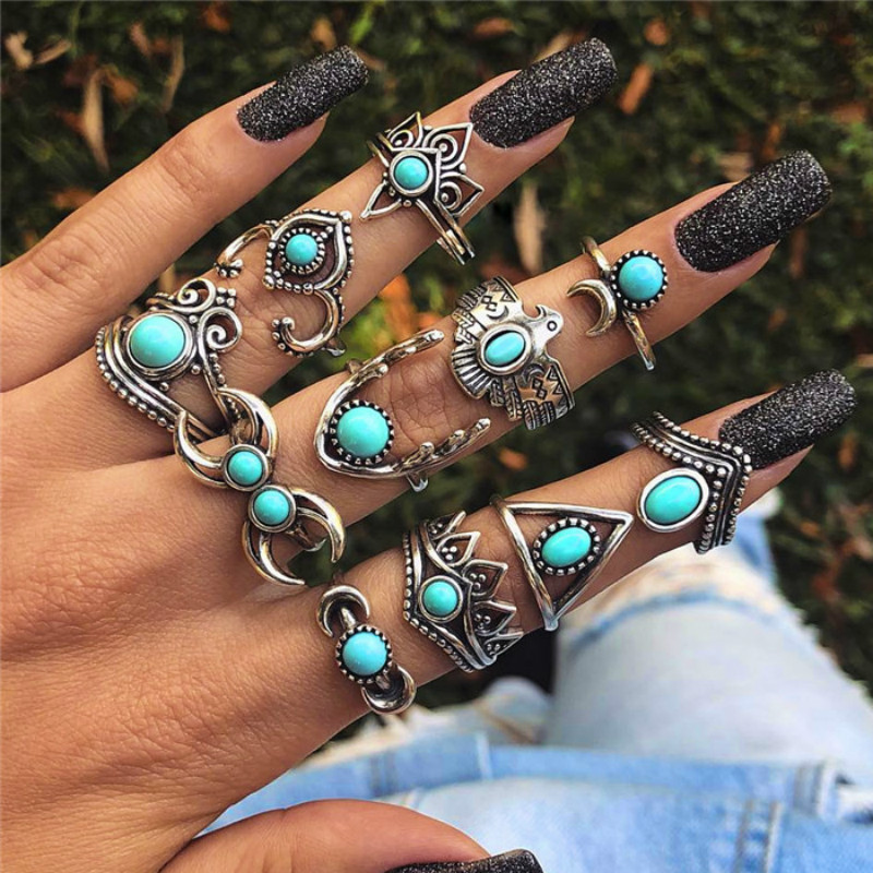 

11 Pcs/set Vintage Joint Rings Set Women Bohemian Moon Heart Eagle Blue Acrylic Gem Knuckle Ring Party Jewelry