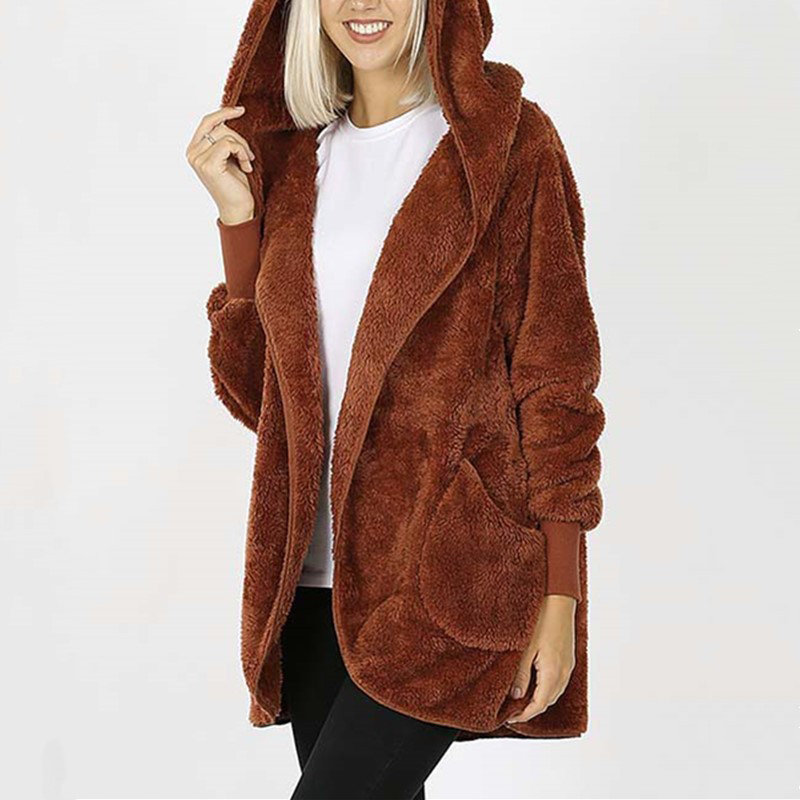 

2020 Casual Coat Women Solid Pocket Thicken Winter Warm Long Sleeve Female Jackets Overcoat Outerwear Faux Fur Coat For Women, Red