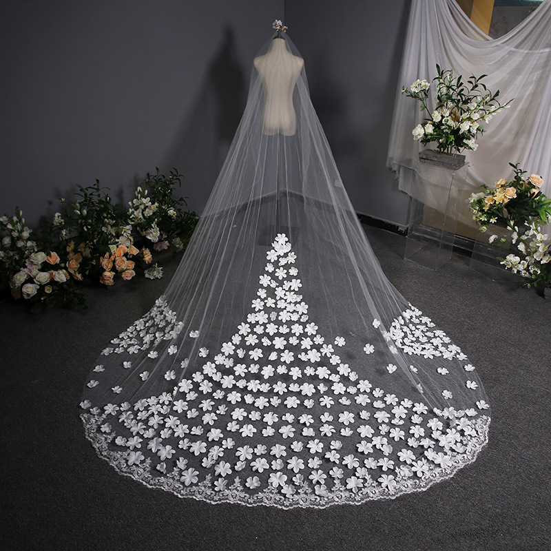 

Cathedral Bridal Veils Luxury Long Trailing Lace Veil 3.8m Appliques Beaded Fairy Net Yarn Wedding Veils Korean Style 2020 New, White