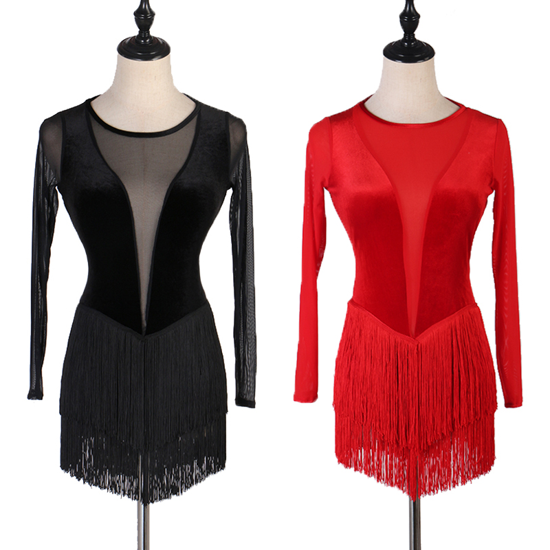 

Sexy Ladies Latin Dance Dress Black red tassel dress Costume Sexy perspective Suits Professional Ballroom Clothes Tango Samba