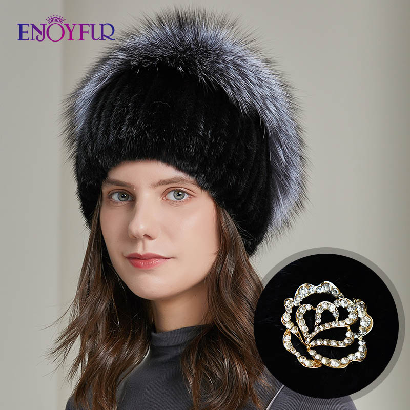 

ENJOYFUR winter women's fur hats hand-sewn natural beanies for girl fashion rose rhinestone warm female bonnets new, 01
