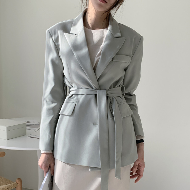 

2020 New Autumn Blazers Women Coat Korean Work Wear Formal Blazer Slim Elegant Suit Collar Jacket Female Outerwear With Belt, Blue