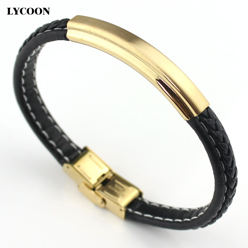 

LYCOON stainless steel genuine leather bracelet & Bangle for Men classical design Male Casual Sporty bracelets size adjustable